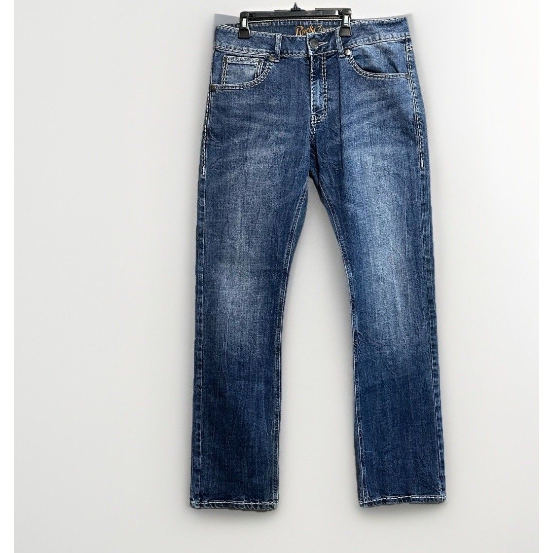 Wrangler Men's Rock 47 Jeans 32x34 Blue Denim Slim Bootcut With Thick Stitch